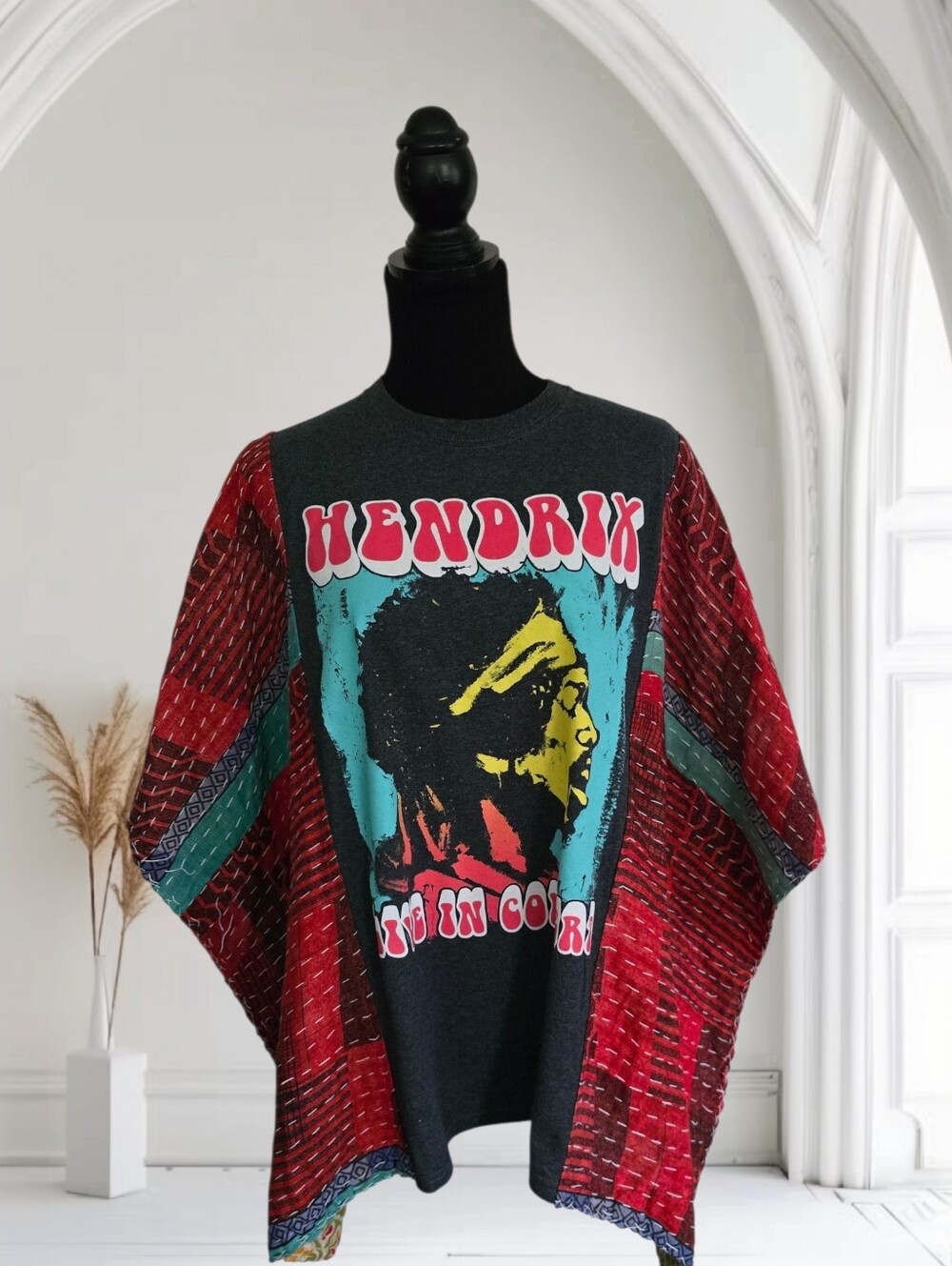 Upcycled Jimi Hendrix Band Tee With Kantha Sleeves, OS - Picture 2 of 6